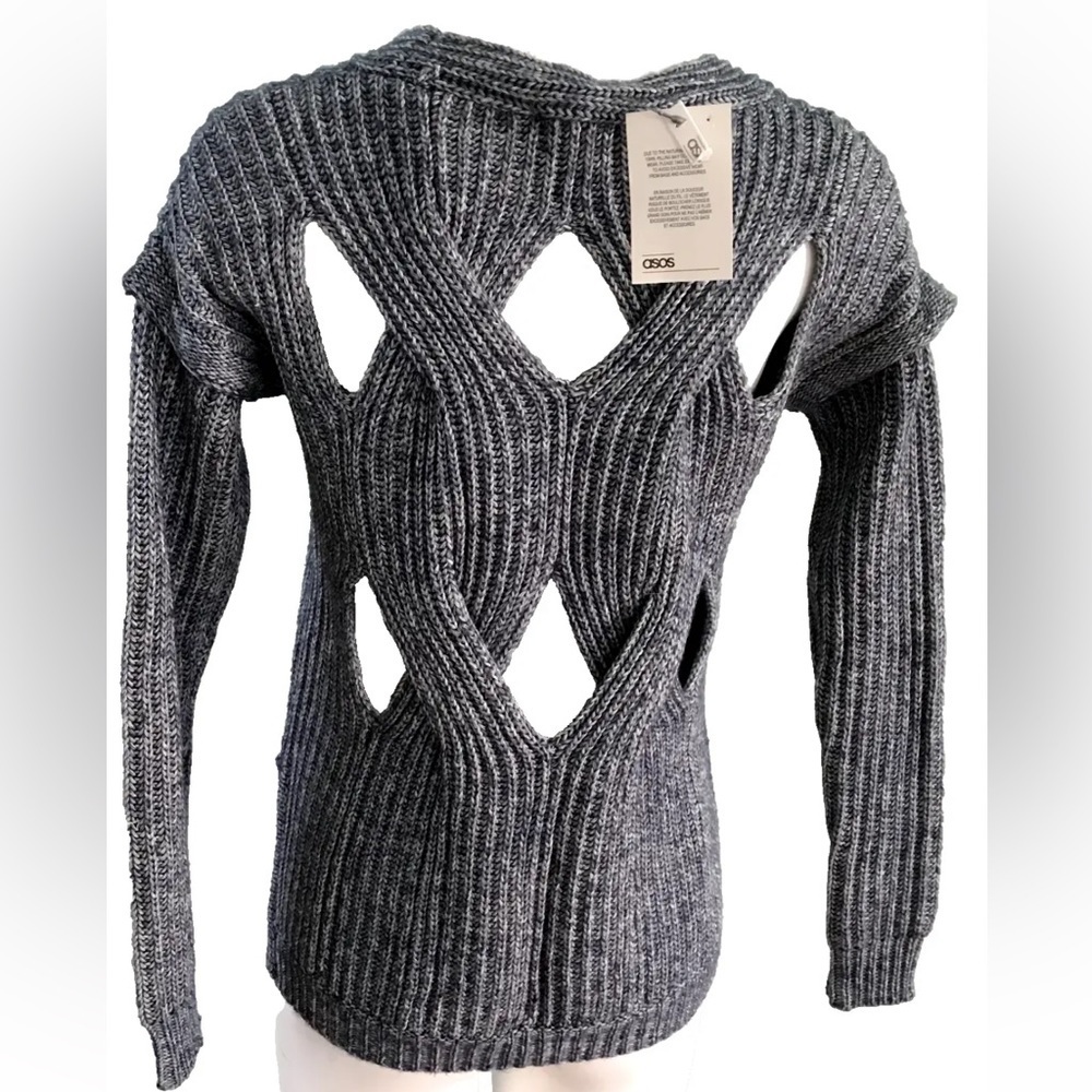 New ASOS Cable Knit Sweater Cut Out Back Heathered Blue Size 0